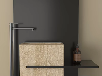 Minimalist Beige Washbasin With Black Faucet And Soap Bottle On Dark Wall 3d model