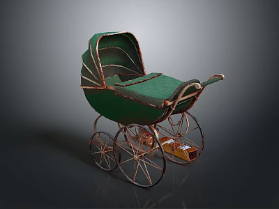 Vintage Green Baby Stroller With Metal Frame And Decorative Spoked Wheels 3d model