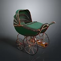 Vintage Green Baby Stroller With Metal Frame And Decorative Spoked Wheels