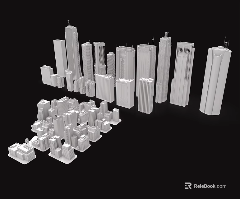 White 3D City Building Models With High Rise And Low Rise Structures On Black Background 3d model 