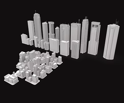 White 3D City Building Models With High Rise And Low Rise Structures On Black Background 3d model