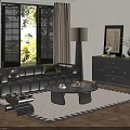 Modern Living Room With Black Leather Sofa Round Coffee Table Floor Lamp And Dark Dresser