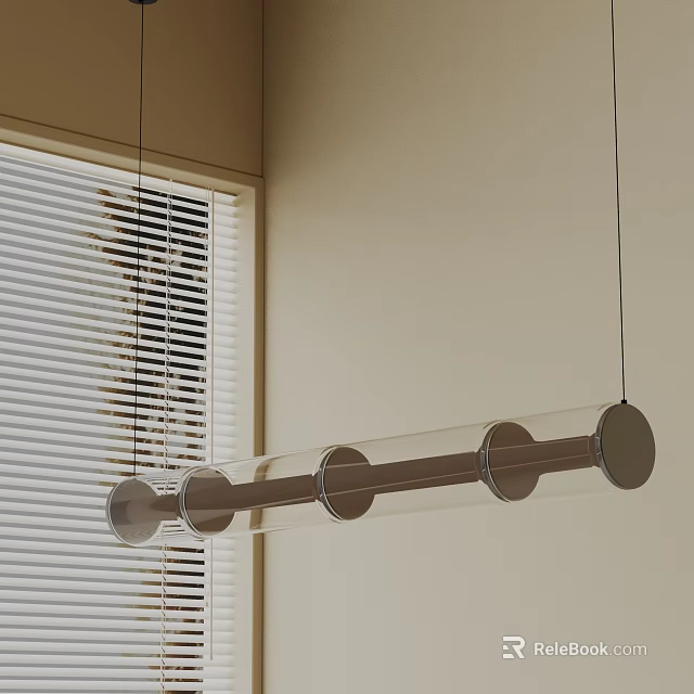 Modern Minimalist Chandelier With Linear Shape And Circular Elements Above Light Wall And Window Blinds 3d model