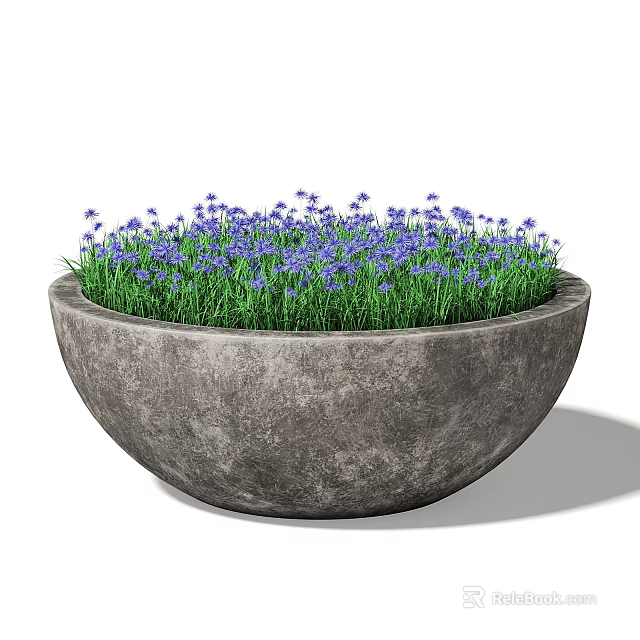 Decorative Garden Ornament Concrete Planter With Purple Flowers And Green Grass 3d model 