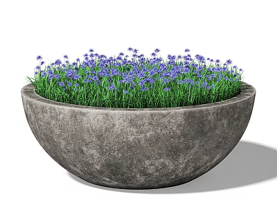 Decorative Garden Ornament Concrete Planter With Purple Flowers And Green Grass 3d model