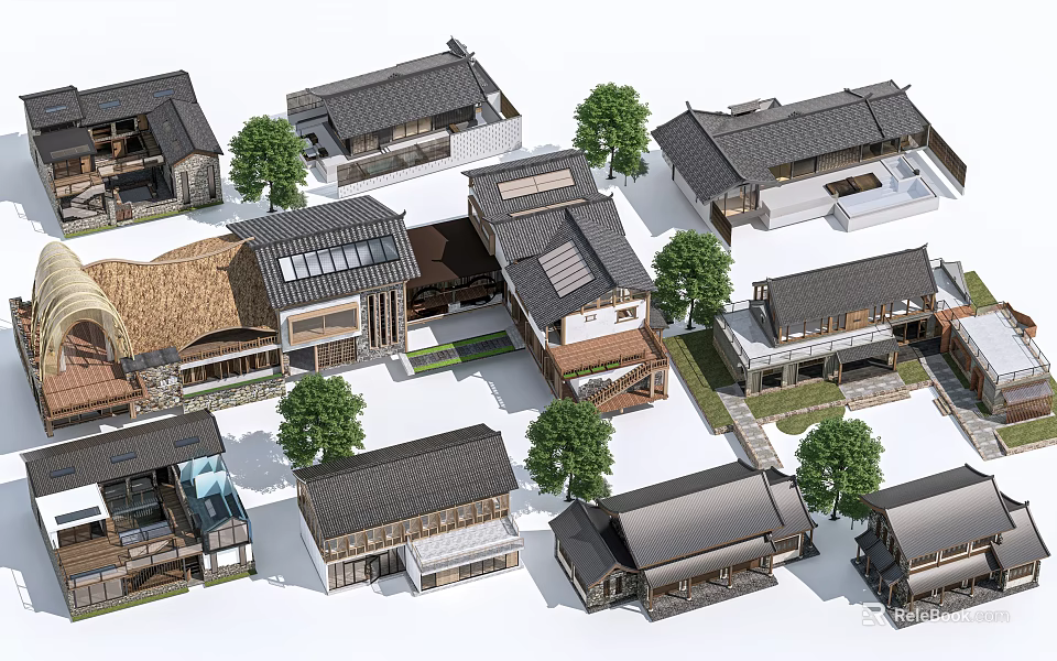 Traditional Style Guesthouse Buildings With Gray Roofs Courtyard And Green Trees 3d model 