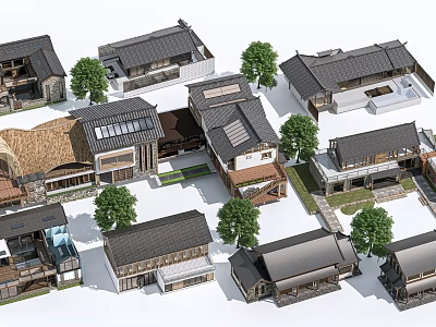 Traditional Style Guesthouse Buildings With Gray Roofs Courtyard And Green Trees 3d model