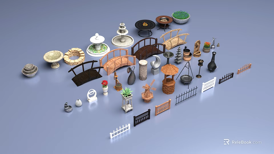 Water Fountain Outdoor Decor With Multi Tiered Designs Bridges Flower Pots And Garden Ornaments 3d model 