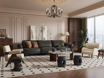 Retro living room sofa combination leisure chair chandelier 3d model