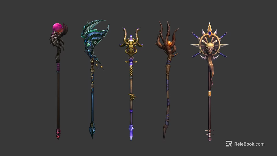 Collection of Various Decorative Staffs With Unique Top Designs And Gemstone Accents 3d model 