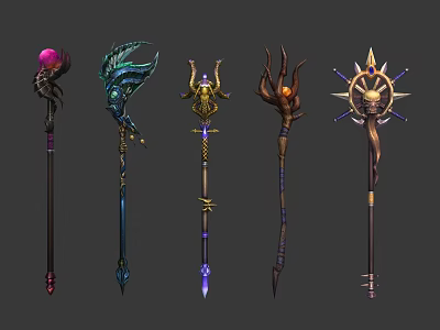 Collection of Various Decorative Staffs With Unique Top Designs And Gemstone Accents 3d model
