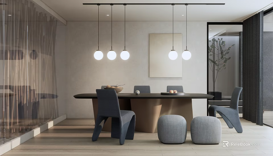 Modern Minimalist Dining Table Set With Gray Chairs Round Pendant Lights And Wall Art 3d model 