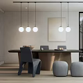 Modern Minimalist Dining Table Set With Gray Chairs Round Pendant Lights And Wall Art