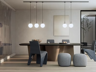 Modern Minimalist Dining Table Set With Gray Chairs Round Pendant Lights And Wall Art 3d model