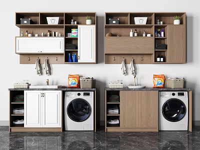 Bathroom Cabinet Rack with Wooden Storage Shelves Washing Machine and Hanging Towels 3d model