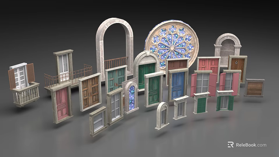 Double Doors In Various Styles With Colorful Finishes Arched Shapes And Decorative Elements 3d model 
