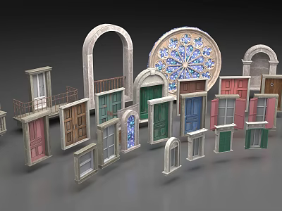 Double Doors In Various Styles With Colorful Finishes Arched Shapes And Decorative Elements 3d model