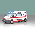 White Ambulance Vehicle With Red And Blue Stripes And Roof Emergency Lights