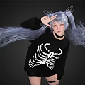 Woman With Flowing Blue Gray Hair Pigtails In Skeleton Print Sweater On Black Background