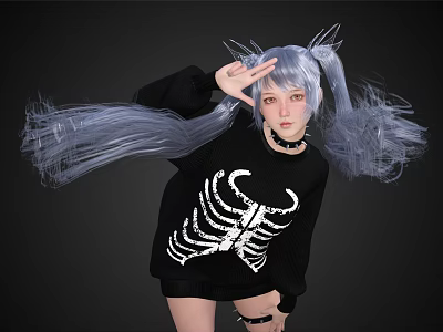Woman With Flowing Blue Gray Hair Pigtails In Skeleton Print Sweater On Black Background 3d model