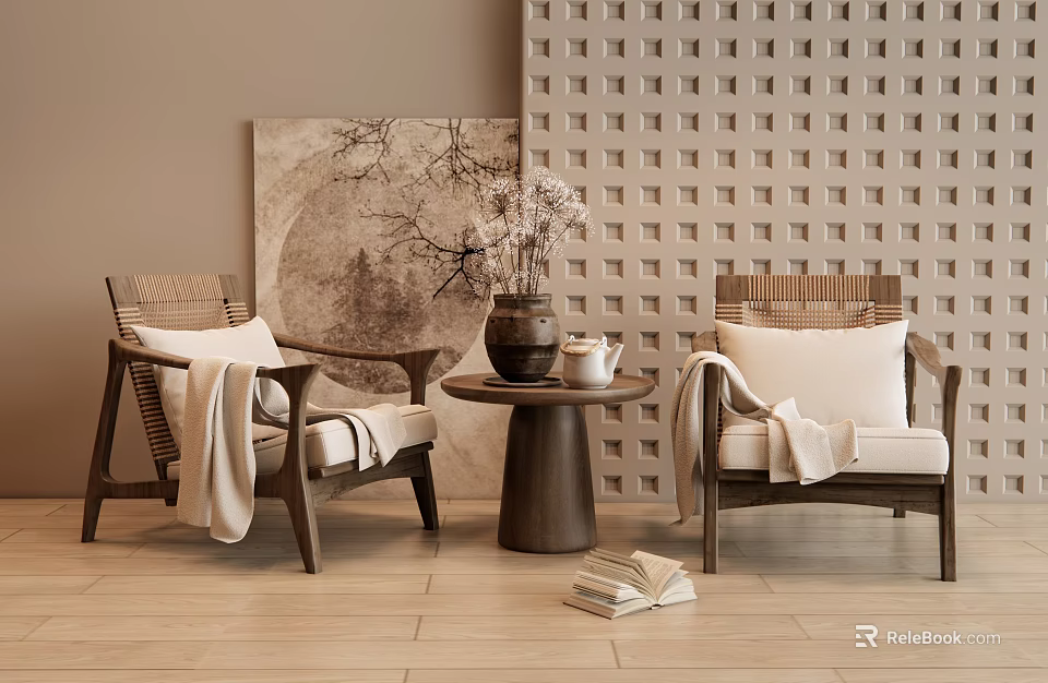 Rattan Leisure Chairs With White Cushions And Blanket By Round Table With Vase And Artwork 3d model 