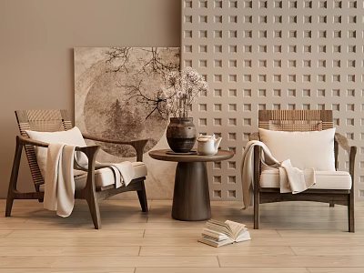 Rattan Leisure Chairs With White Cushions And Blanket By Round Table With Vase And Artwork 3d model