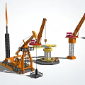 Industrial Equipment Featuring Orange Drilling Rig Yellow Rotating Crane And Red Cabin Tower Crane