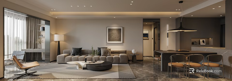 Modern Elegant Living Dining Room Interior With Sofa Coffee Table Rug Wall Art Dining Chairs 3d model 