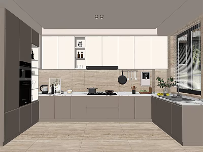 Modern Kitchen Interior With Gray And White Cabinets Island Countertop And Window 3d model