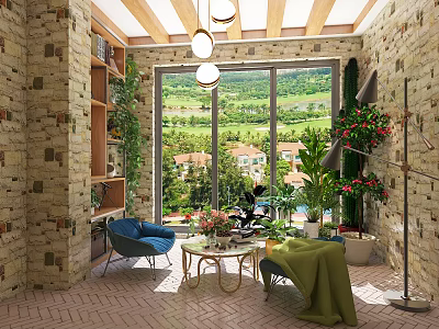 Villa Balcony With Stone Walls Wooden Beam Ceiling Hanging Lights And Floor To Ceiling Windows Over Green Landscape 3d model
