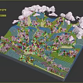 Cartoon Countryside Landscape With Green Fields Winding Paths River Village And Clouds