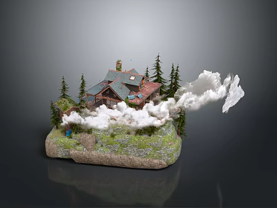Miniature Log Cabin Decorative Model With Pine Trees Clouds And Rock Base For Home Decoration 3d model