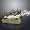 Miniature Log Cabin Decorative Model With Pine Trees Clouds And Rock Base For Home Decoration