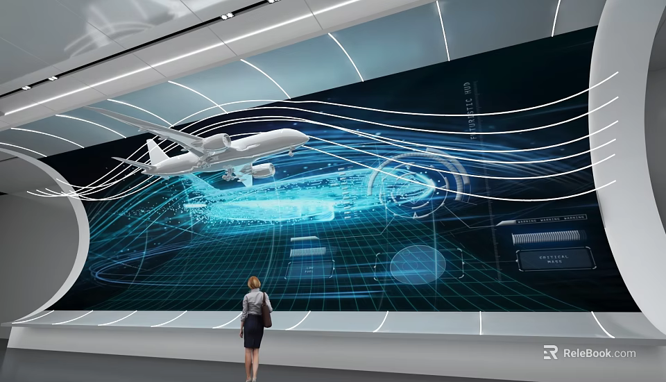 Woman Standing Before Huge Screen Showing Aircraft Tech Lines And Data Charts 3d model 