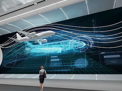 Woman Standing Before Huge Screen Showing Aircraft Tech Lines And Data Charts 3d model