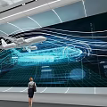Woman Standing Before Huge Screen Showing Aircraft Tech Lines And Data Charts