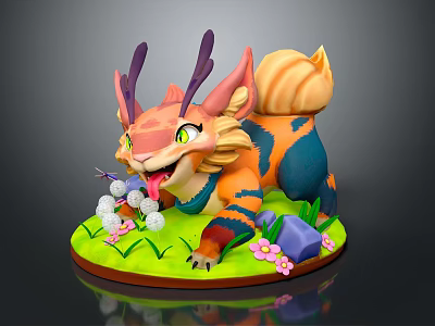 Colorful Fantasy Creature With Antlers Bushy Tail Striped Fur On Grass Base With Flowers Stones 3d model