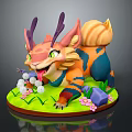 Colorful Fantasy Creature With Antlers Bushy Tail Striped Fur On Grass Base With Flowers Stones