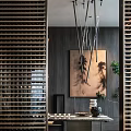 Elegant Tea Room Interior Design With Wooden Lattice Ink Painting Pendant Lights And Green Plant