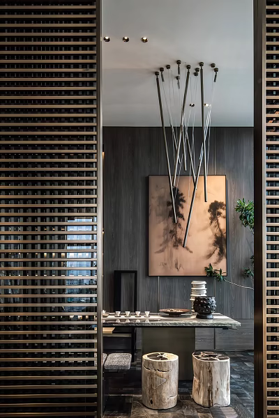 Elegant Tea Room Interior Design With Wooden Lattice Ink Painting Pendant Lights And Green Plant 3d model