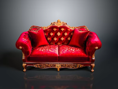 Luxurious Red Velvet Sofa With Golden Carvings And Decorative Pillows 3d model