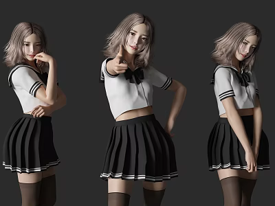 Women in white cropped tops with black bow ties and black pleated skirts posing differently 3d model
