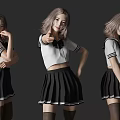 Women in white cropped tops with black bow ties and black pleated skirts posing differently