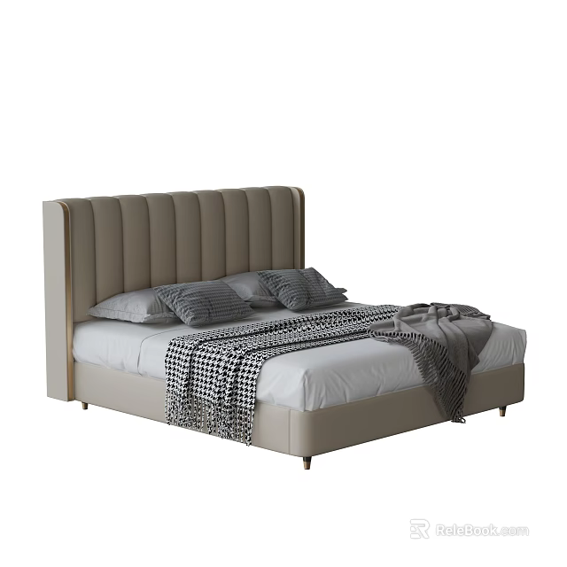 Modern Beige Double Bed with Tufted Headboard Gray Pillows and Checkered Blanket 3d model