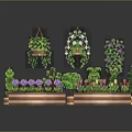 Beautiful Garden Decorative Pieces With Hanging Flower Baskets Colorful Blooms And Wooden Planters