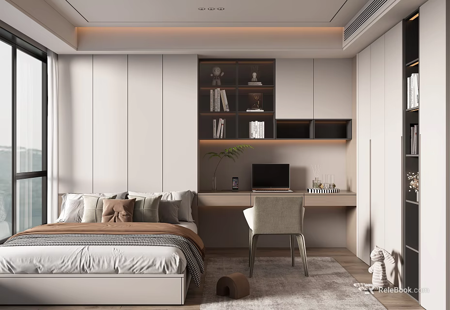 Modern Tatami Bedroom Interior With Desk Storage Cabinets And Window View 3d model 