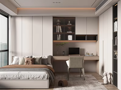 Modern Tatami Bedroom Interior With Desk Storage Cabinets And Window View 3d model
