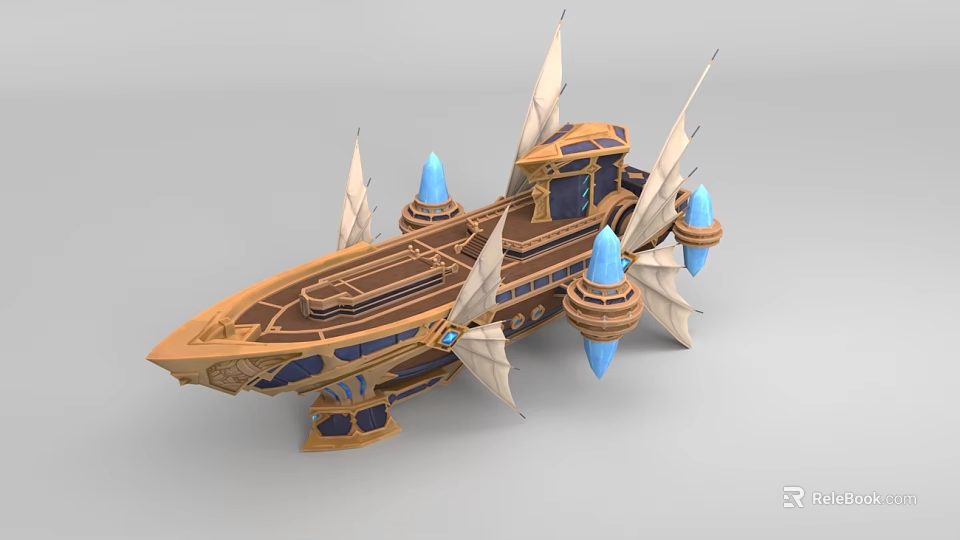 Cartoon Scene Of Wooden Spaceship With White Sail Like Structures And Blue Cone Decorations 3d model 