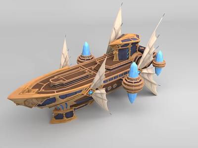 Cartoon Scene Of Wooden Spaceship With White Sail Like Structures And Blue Cone Decorations 3d model