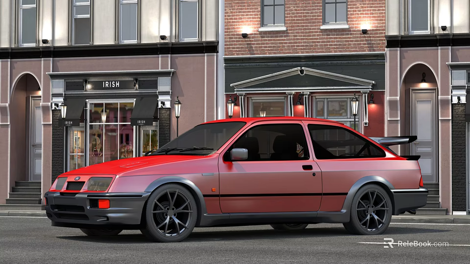Red Modified Two Door Sports Car Parked On Urban Street With Brick Buildings 3d model 